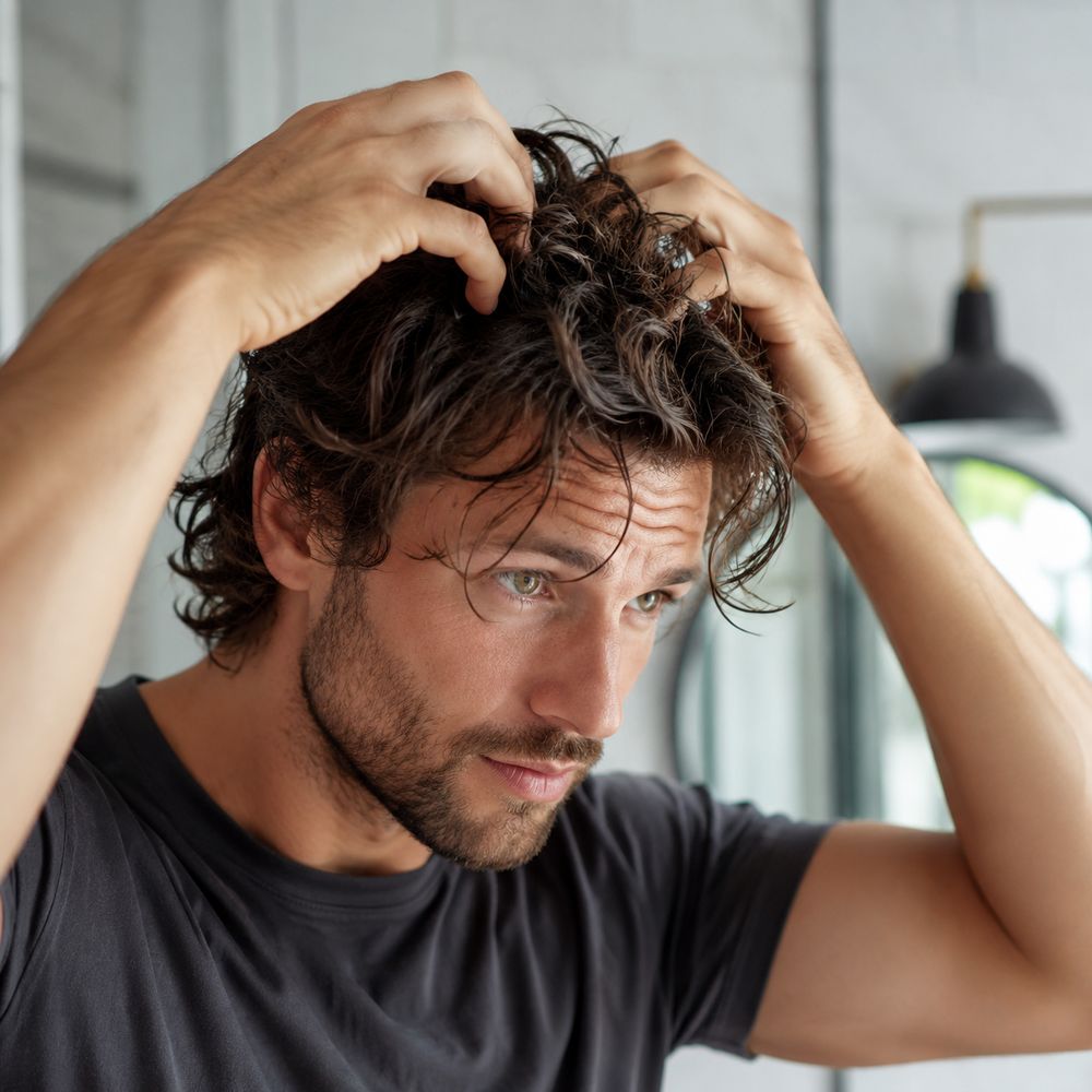 Adult man scrunching towel-dried wavy hair after sea salt spray application