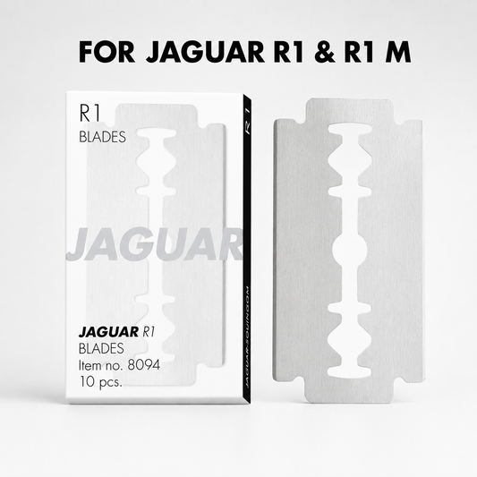Jaguar R1 blade and pack graphic showing compatibility with R1 and R1 M razors