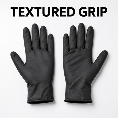 JRL black nitrile salon gloves with textured grip benefit graphic