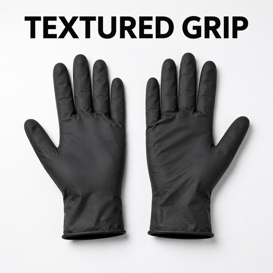 JRL black nitrile salon gloves with textured grip benefit graphic