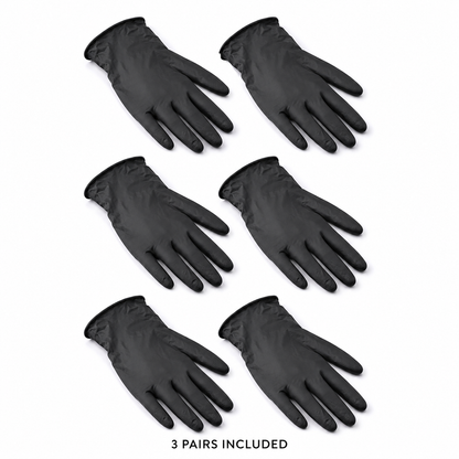 Six black nitrile salon gloves arranged as three pairs