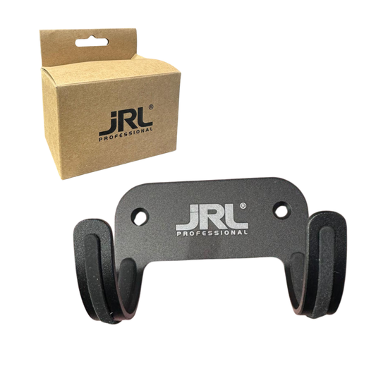 Black JRL wall-mounted blow dryer holder with mounting points and open cradle