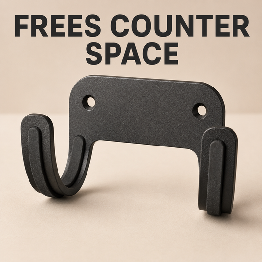 JRL blow dryer holder benefit graphic highlighting freed counter space