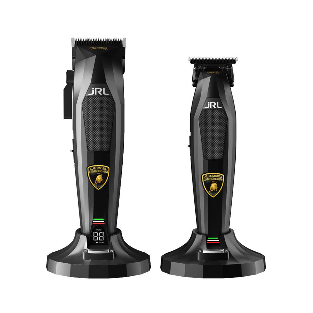 JRL x Lamborghini Diamante black clipper and trimmer on charging stands