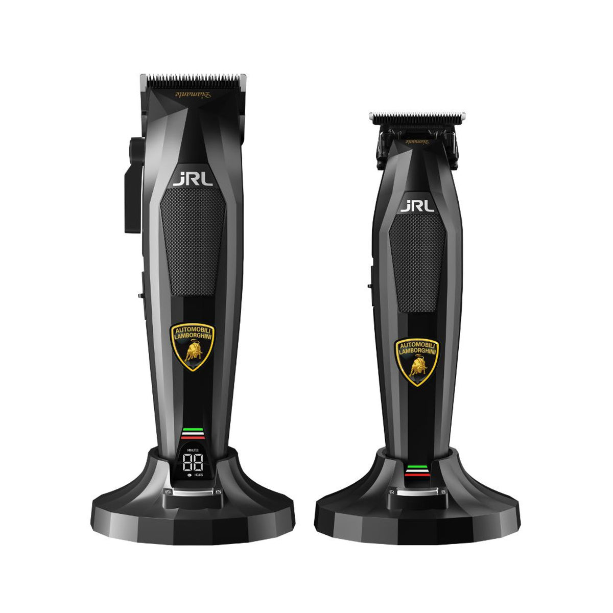 JRL x Lamborghini Diamante black clipper and trimmer on charging stands