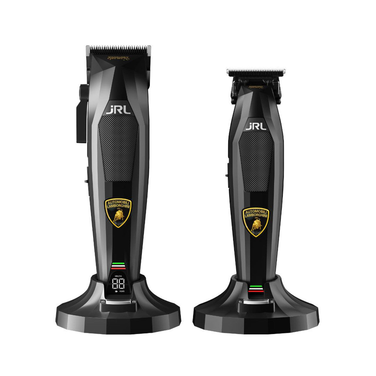 JRL x Lamborghini Diamante black clipper and trimmer on charging stands
