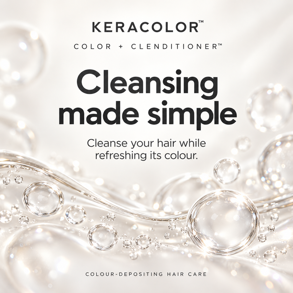 Keracolor Color + Clenditioner benefit graphic: cleanse your hair while refreshing its colour