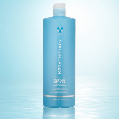 Keratherapy Keratin Infused Moisture Shampoo 1L on a pale aqua studio surface