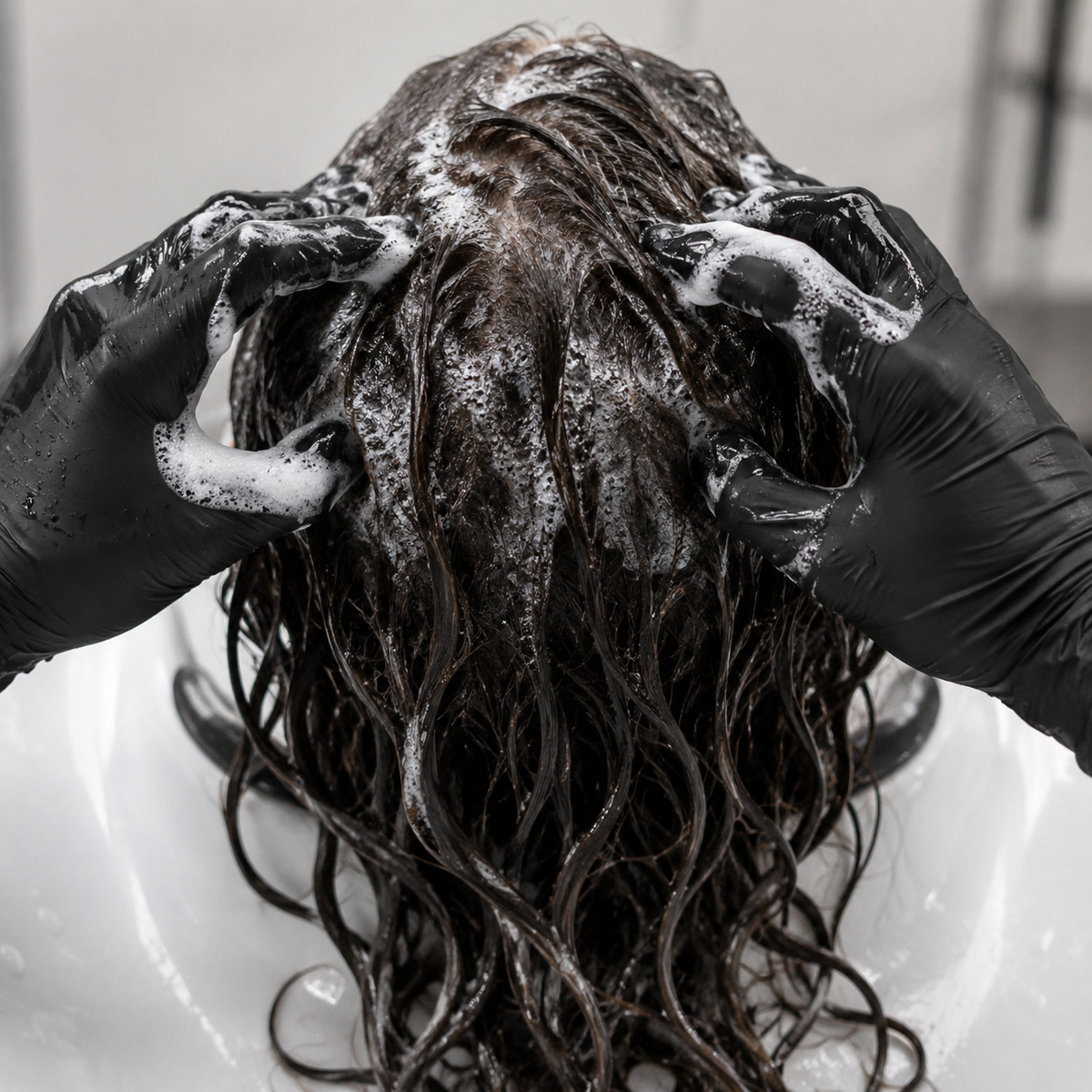 Keratherapy Volume Shampoo lather worked through wet hair at a salon basin