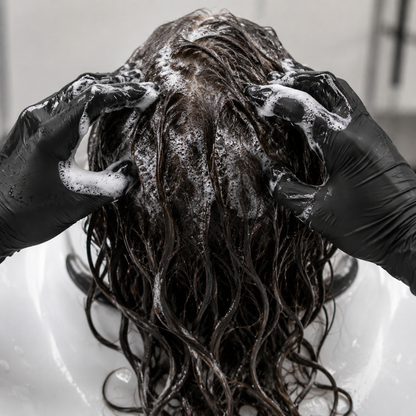 Keratherapy Volume Shampoo lather worked through wet hair at a salon basin