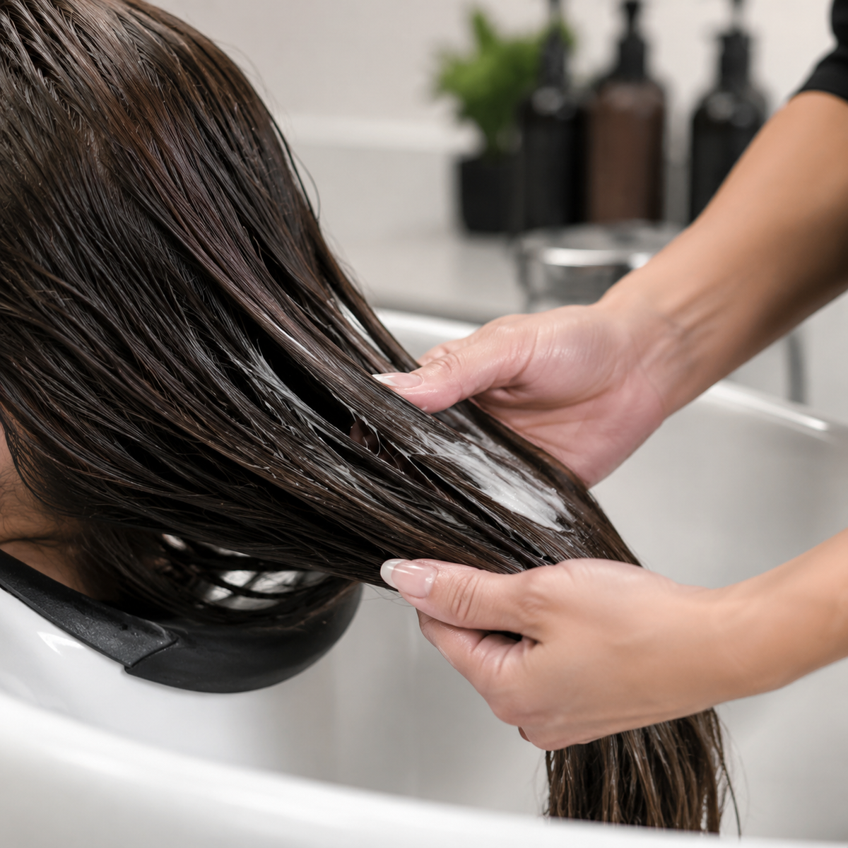 Keratherapy KeratinFixx Repair Conditioner applied through wet hair lengths