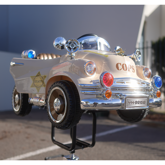 Kids Barber Car Chair on chrome pedestal base alternate view