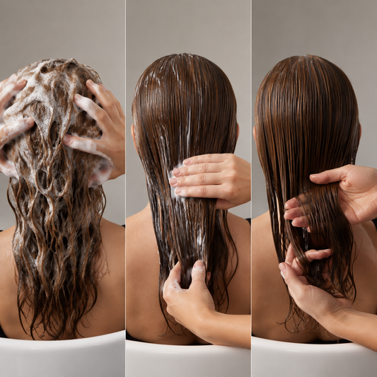 Three-step Metal Detox routine: shampoo lather, mask application and oil through damp hair