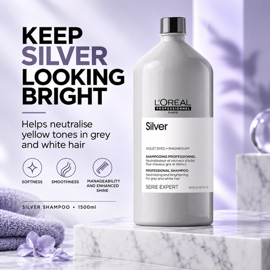 L'Oreal Silver Shampoo1500ml neutralises yellow tones in grey and white hair