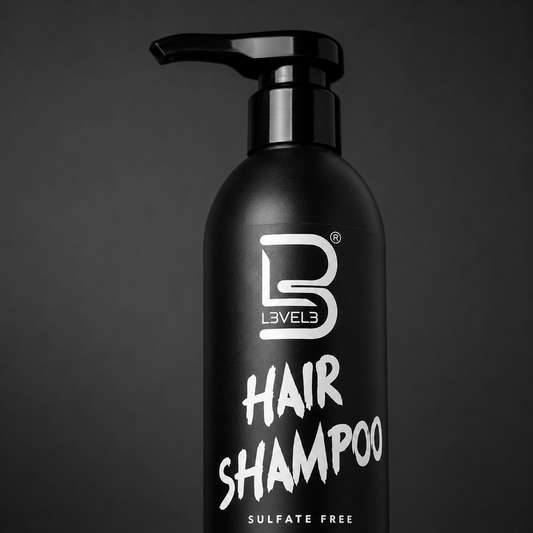 Close detail of the L3VEL3 sulphate-free shampoo bottle and pump