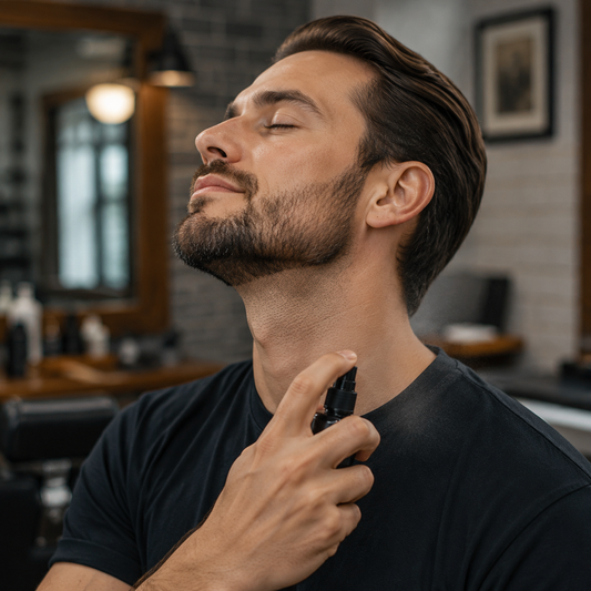 Adult applying L3VEL3 Aqua Aftershave Cologne to the neck after shaving