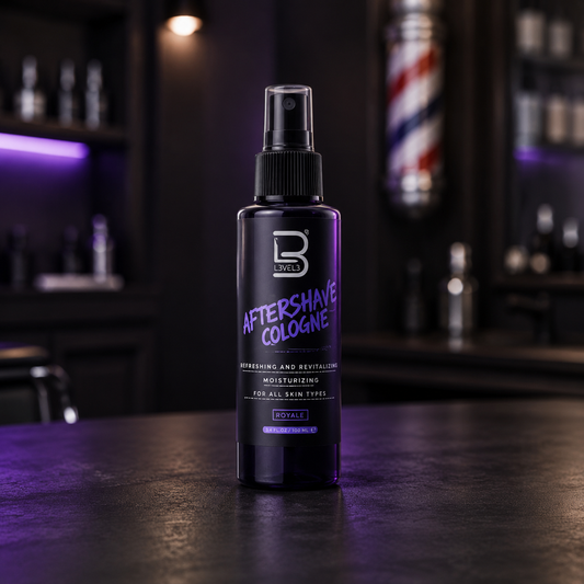 L3VEL3 Royale Aftershave Cologne 100ml spray bottle in a barbershop
