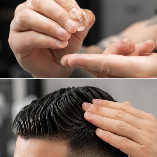 Clear L3VEL3 pomade warmed between fingers and smoothed through short dark hair
