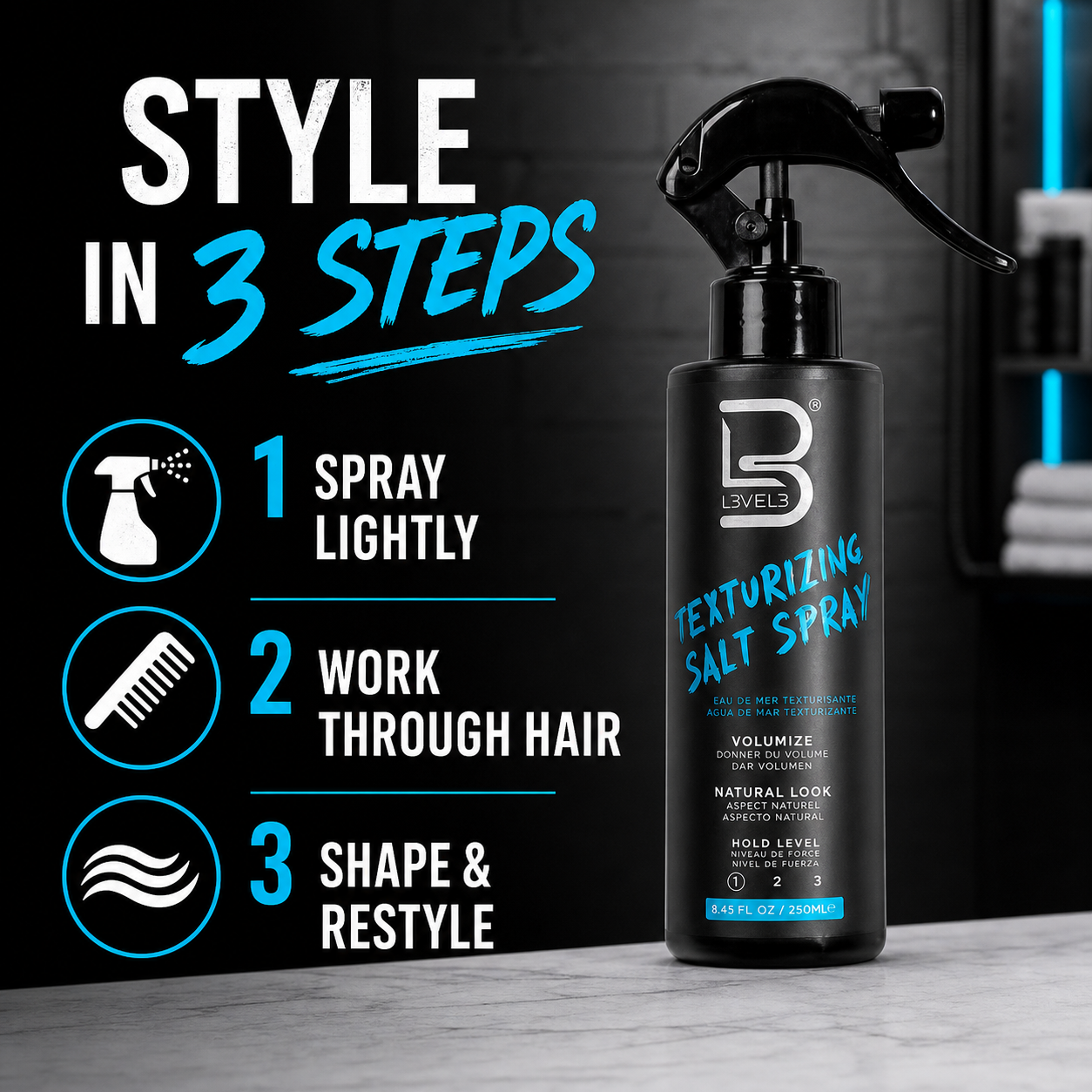 L3VEL3 Texturizing Salt Spray 250ml three-step styling routine