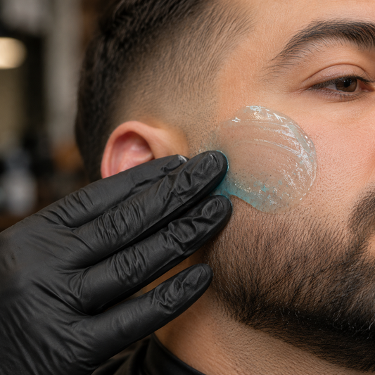 Transparent aqua shaving gel applied to a client's cheek with a black glove
