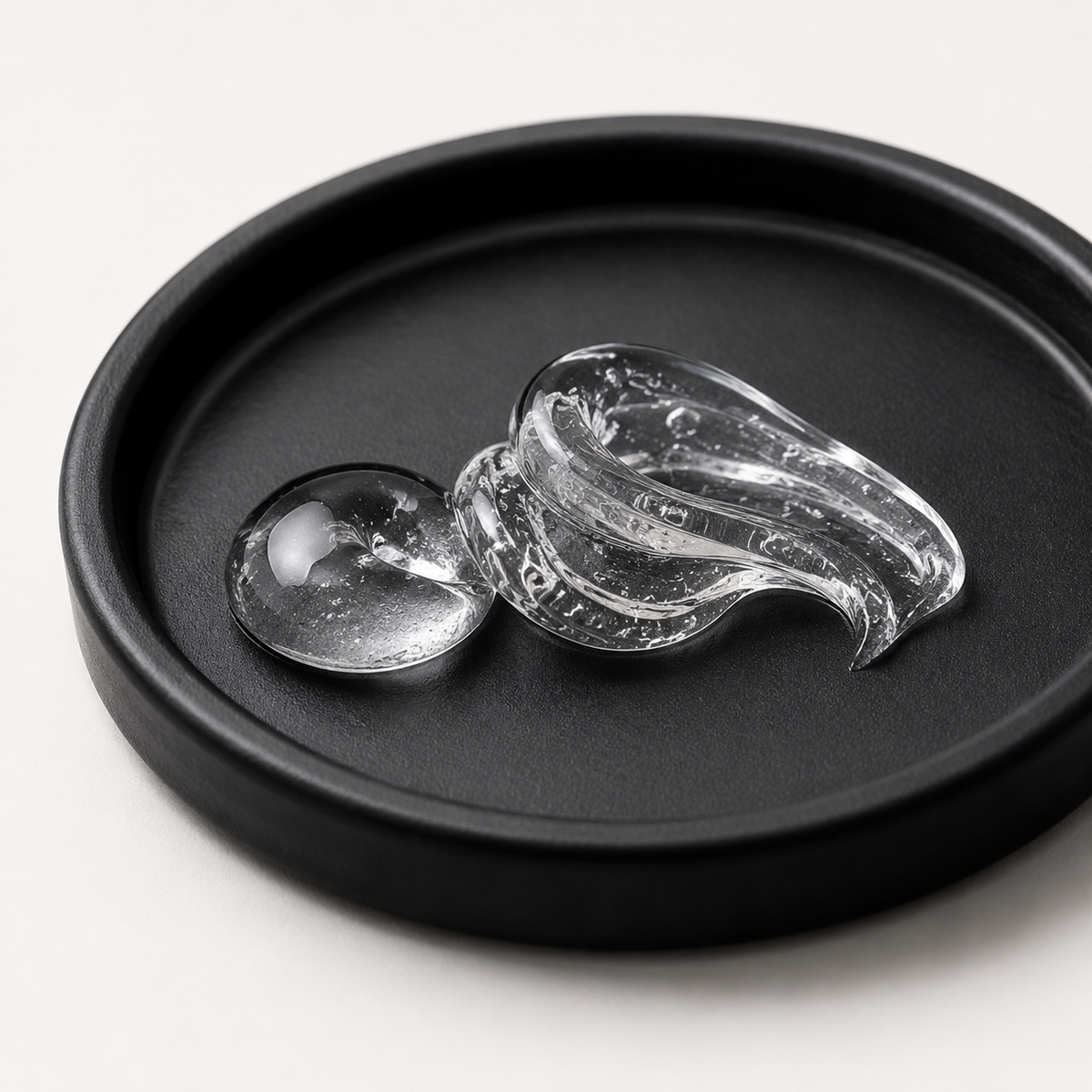 Transparent L3VEL3 Flame shaving gel sample on a matte-black dish against a warm-white background