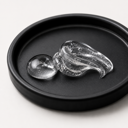 Transparent L3VEL3 Flame shaving gel sample on a matte-black dish against a warm-white background