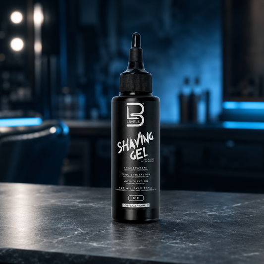L3VEL3 Ice Shaving Gel 100ml on a cool-toned barbershop counter