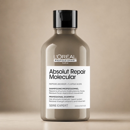 L'Oréal Professionnel Absolut Repair Molecular Shampoo 300ml bottle on a warm beige background
