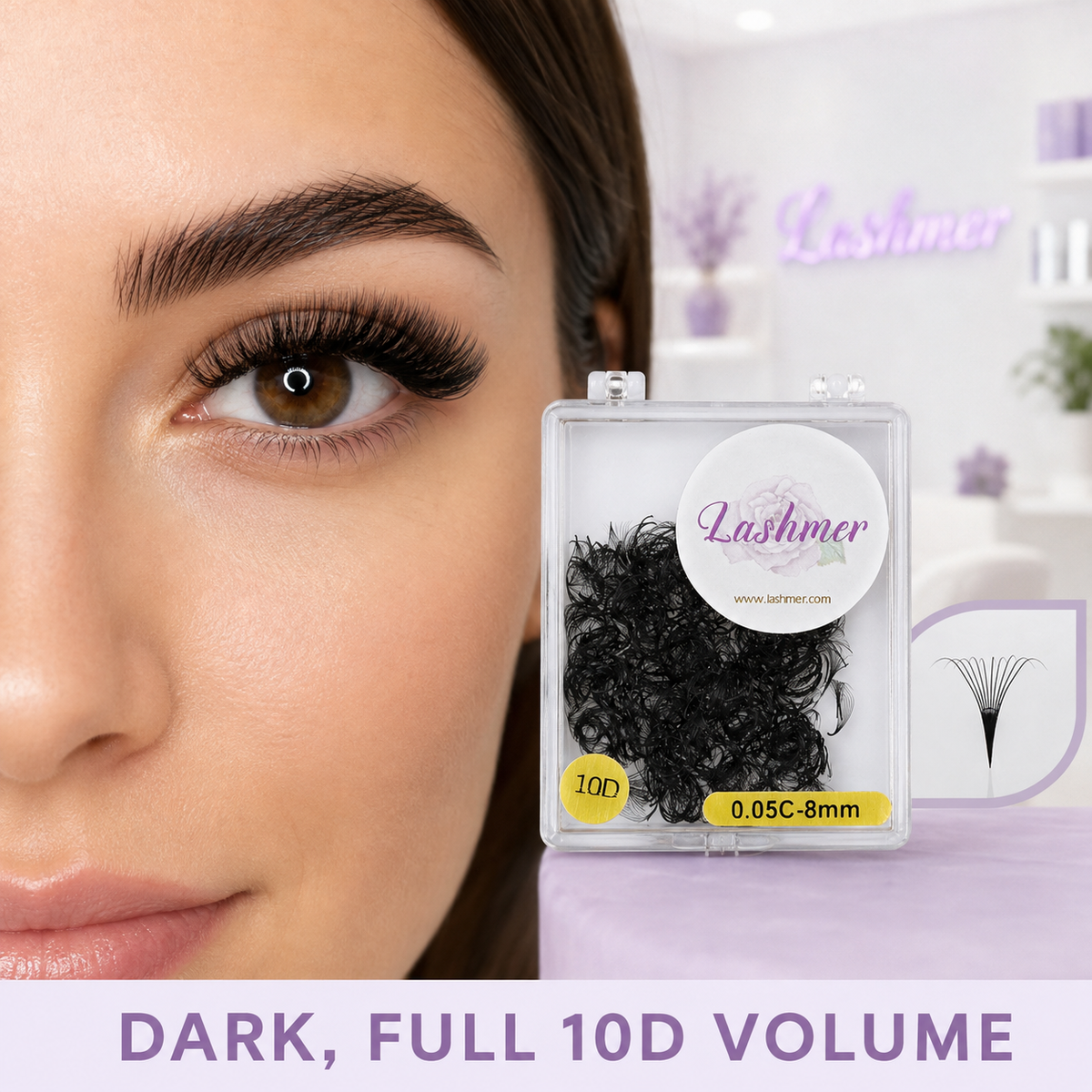 Dark full 10D volume lash result using Lashmer loose promade fans