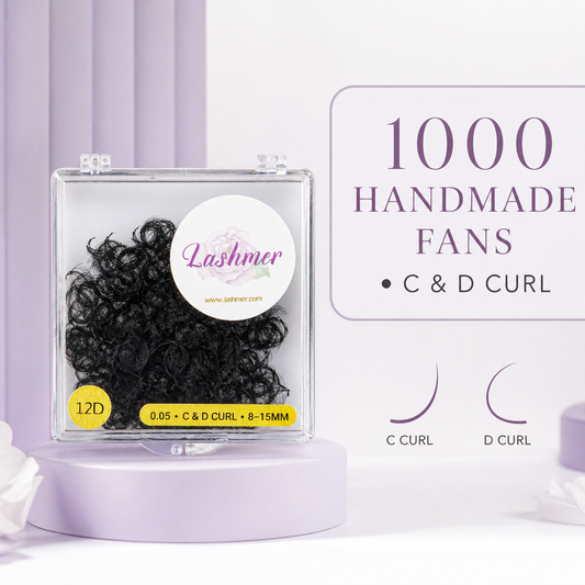 Lashmer 12D Loose Promade Fans case with 1000 handmade fans and C and D curl benefit text