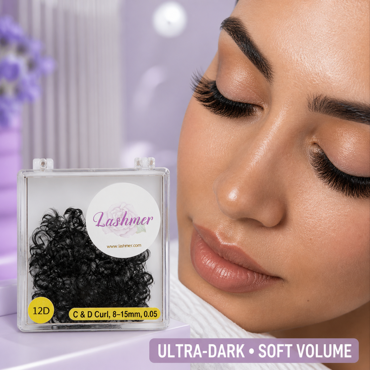 Lashmer 12D promade lash result with ultra-dark soft volume benefit text