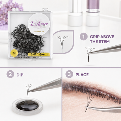 How to grip dip and place Lashmer 5D loose promade lash fans