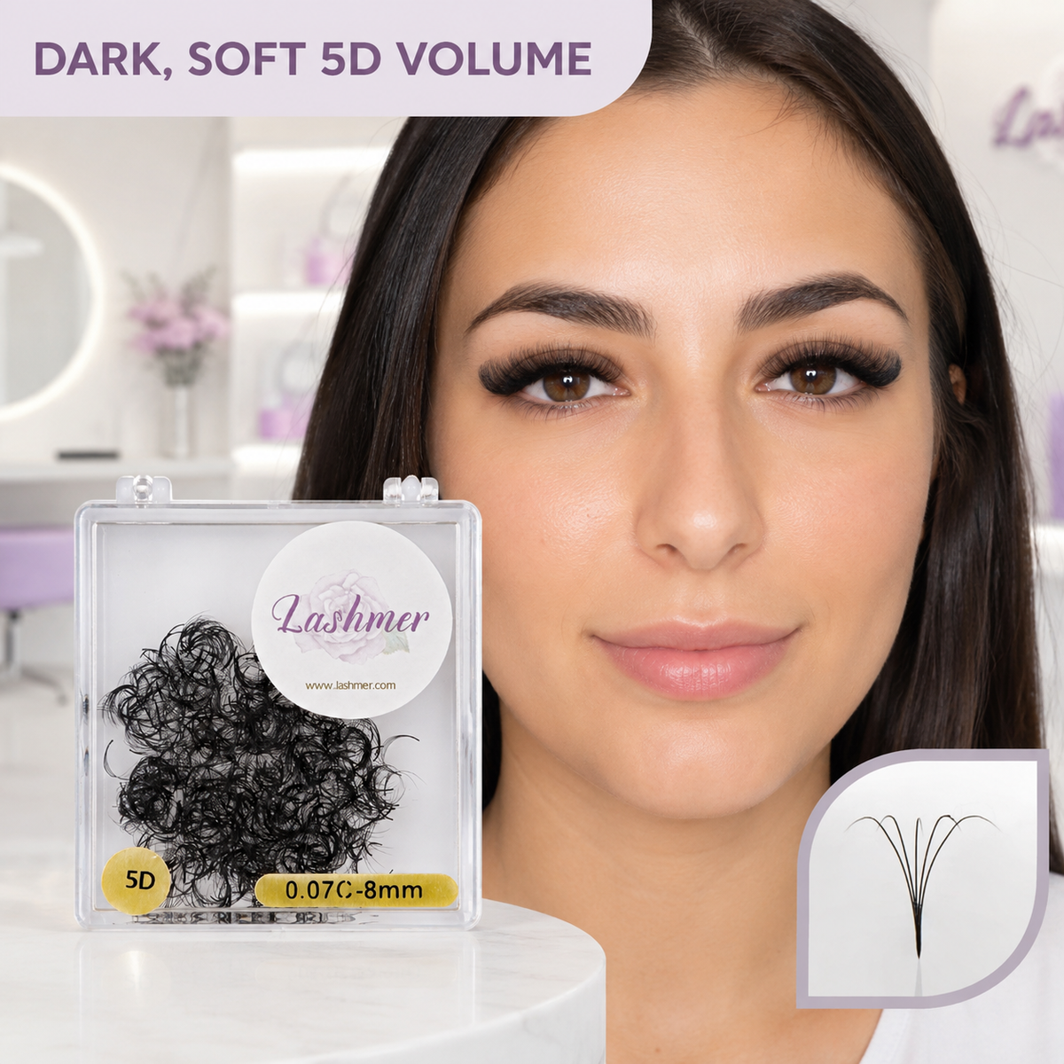 Dark soft 5D volume eyelash result using Lashmer loose promade fans