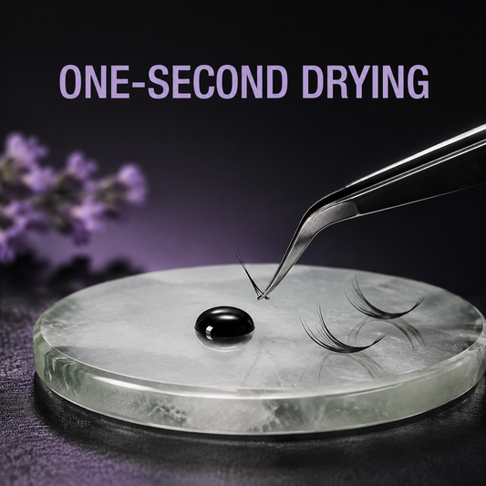 Lash adhesive one-second drying benefit with black adhesive drop and lash tweezers