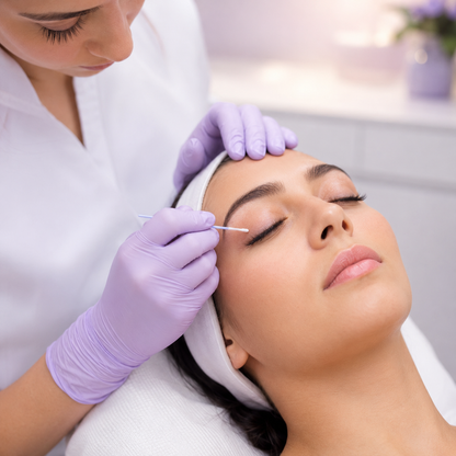 Professional preparing closed natural lashes with a disposable micro-applicator