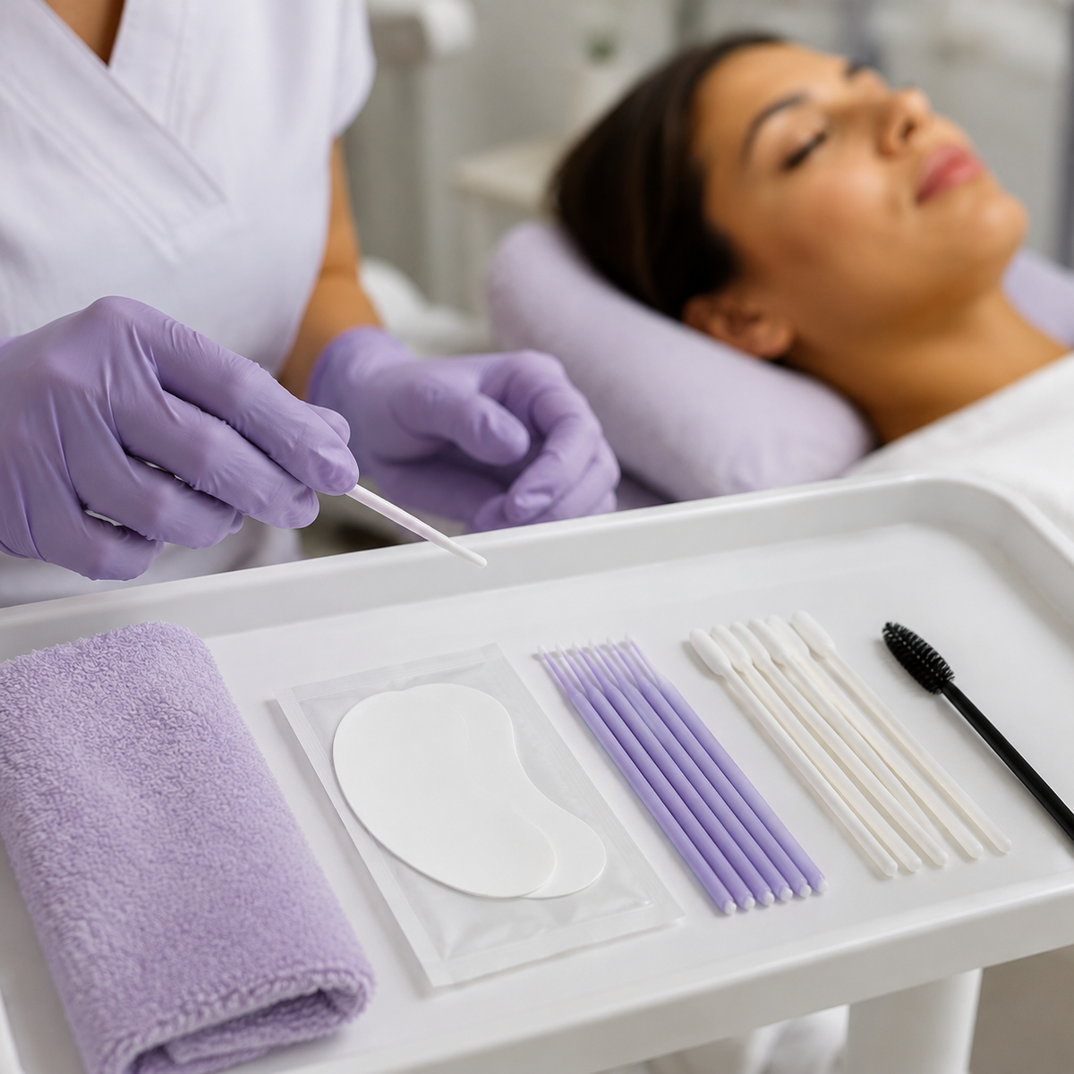 Clean lash preparation tools arranged on a professional salon tray