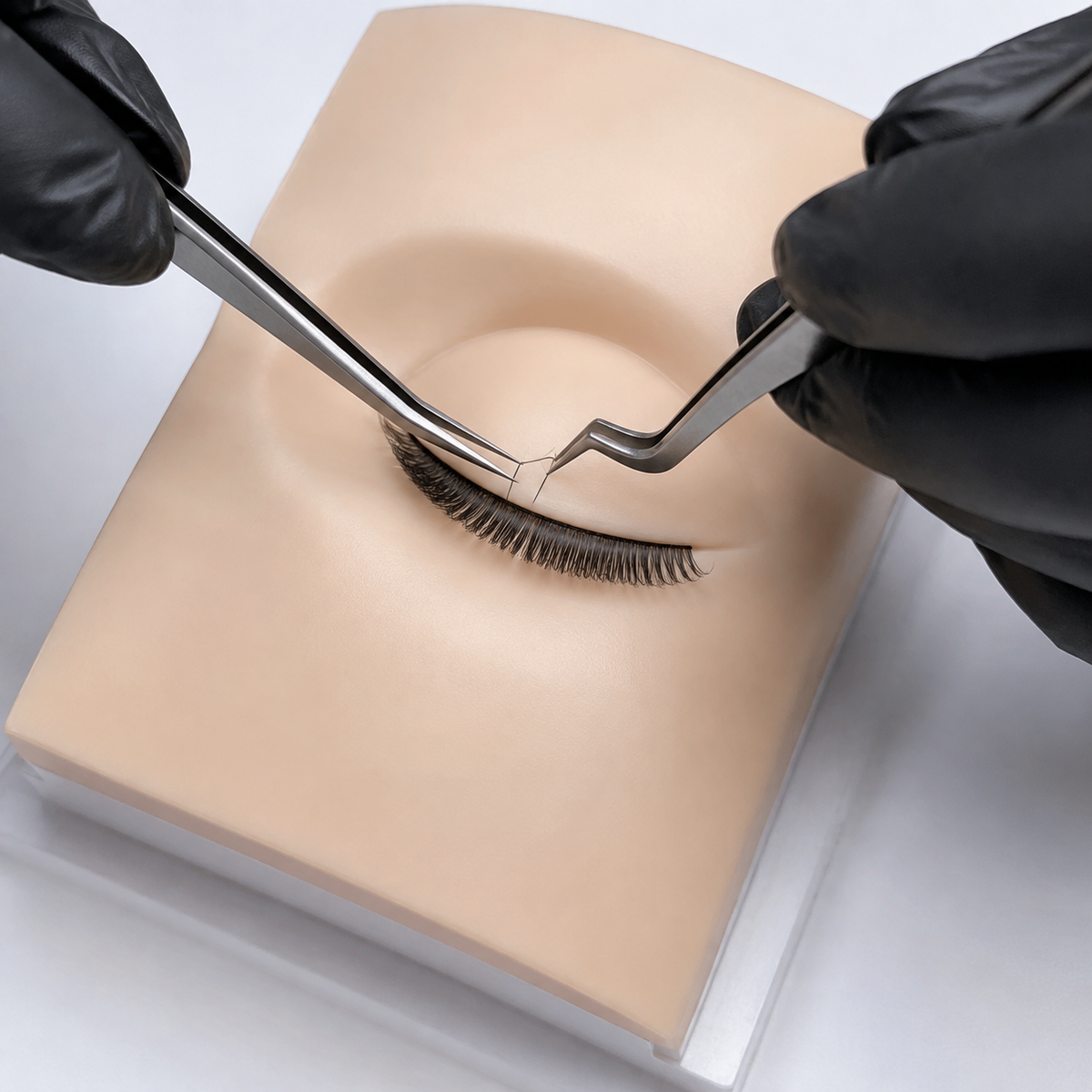 Professional lash-extension placement demonstration on a mannequin training eye