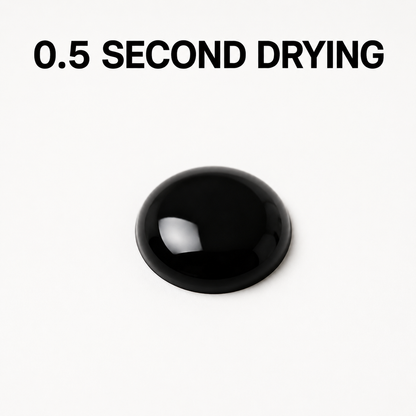 Single black adhesive drop with 0.5 second drying benefit graphic