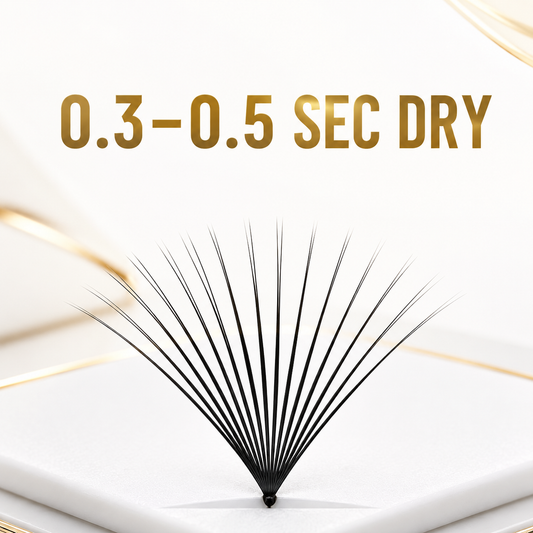Lashmer Max Pro lash adhesive graphic showing 0.3–0.5-second dry time
