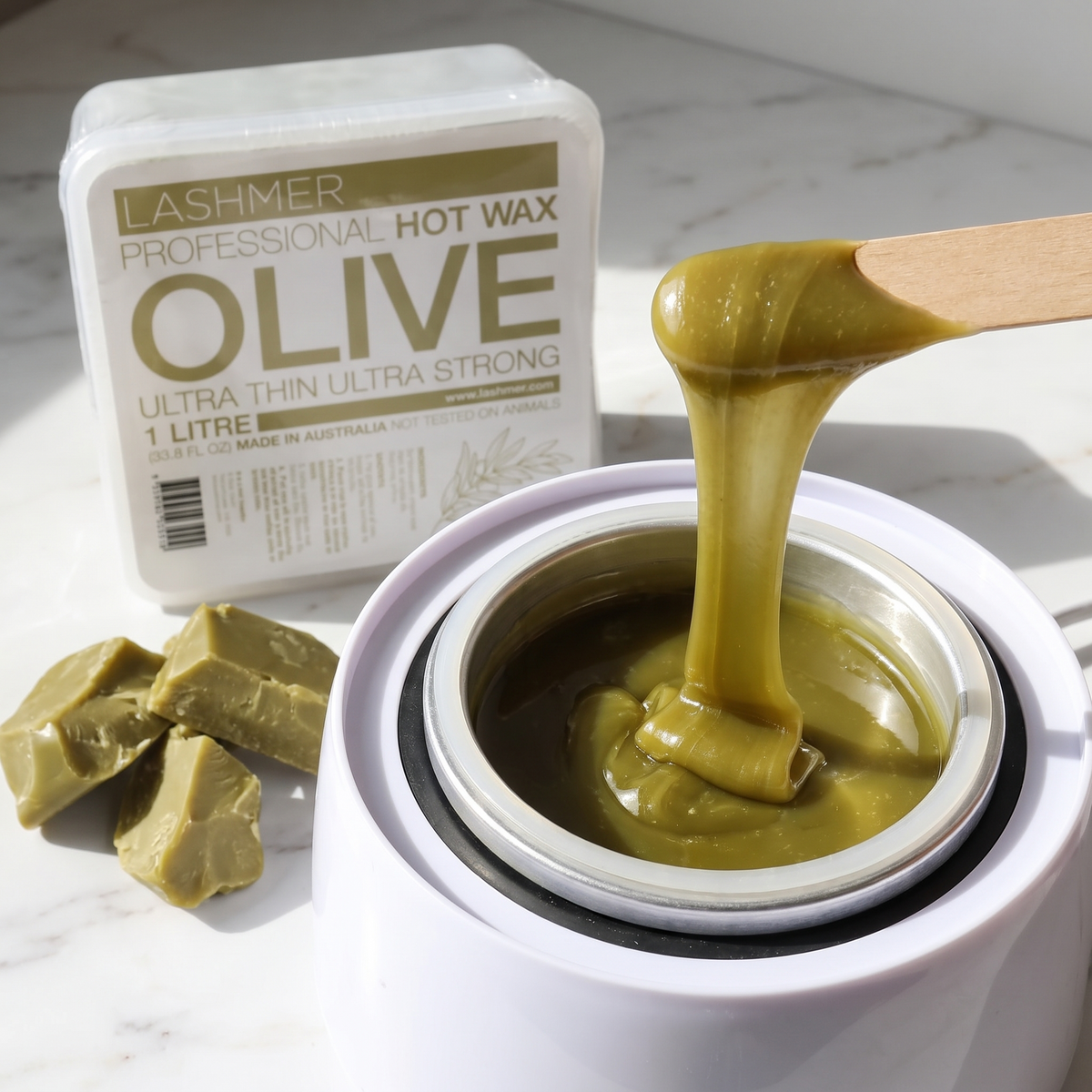 Lashmer olive hot wax melted texture in heater