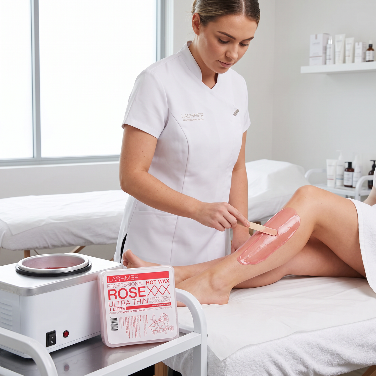 Beautician applying Lashmer rose hot wax in salon