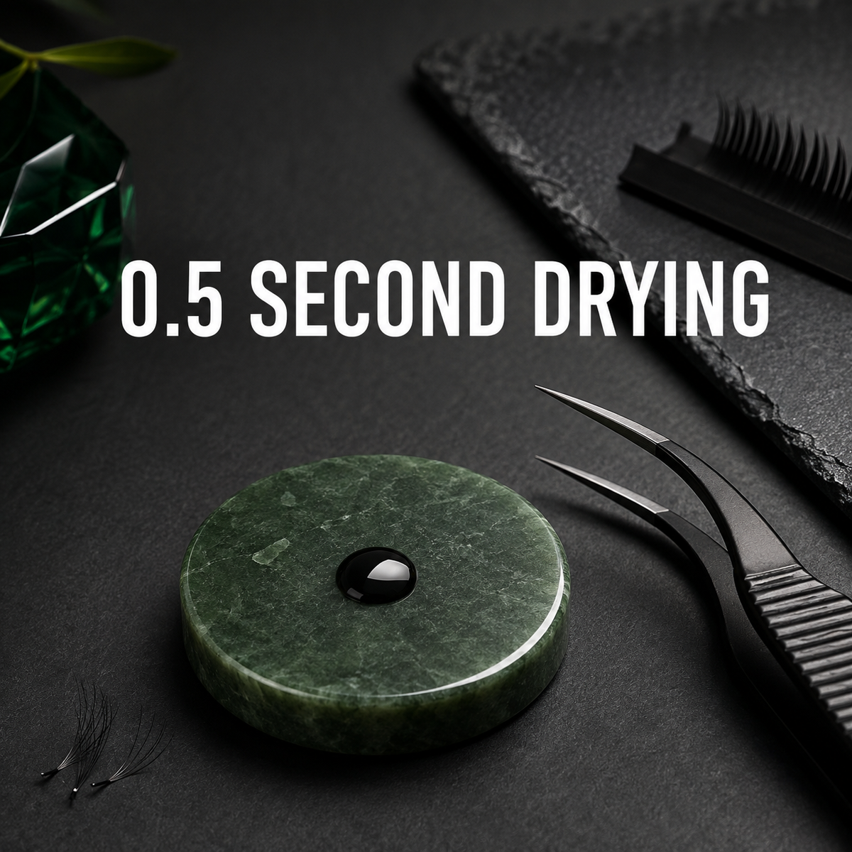 Lashmer adhesive graphic showing verified 0.5-second drying time