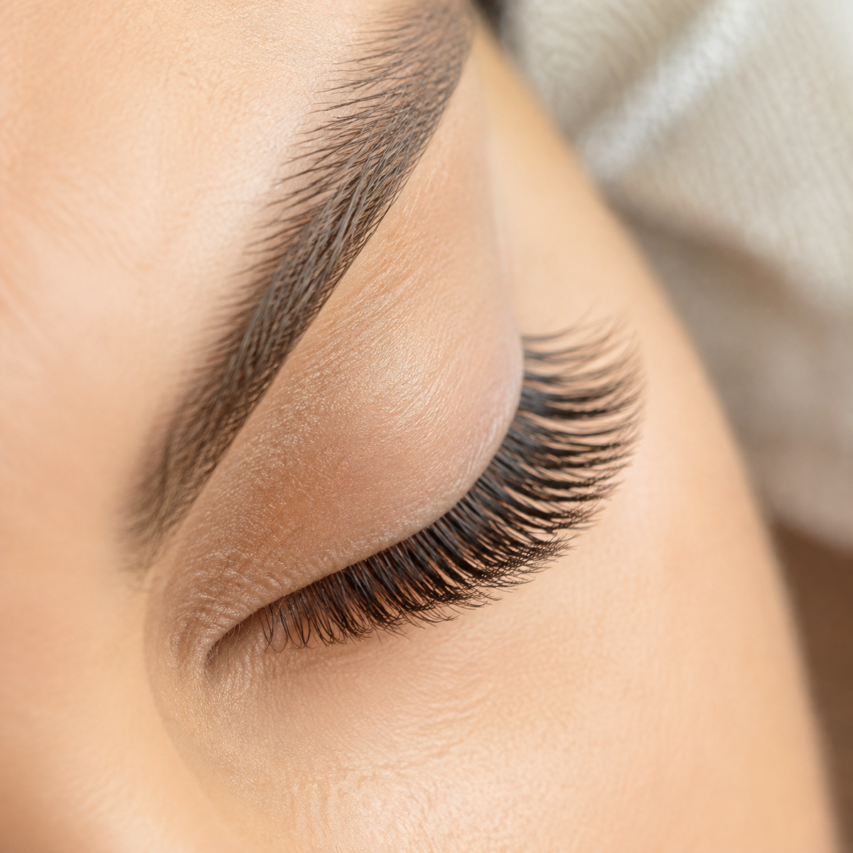 Finished eyelash extension detail on an adult closed eye
