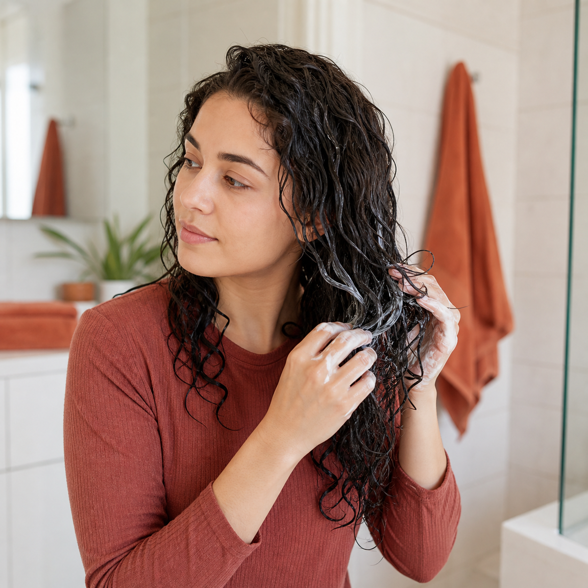 At-home Clinical Curl Light wash-day application on damp curls