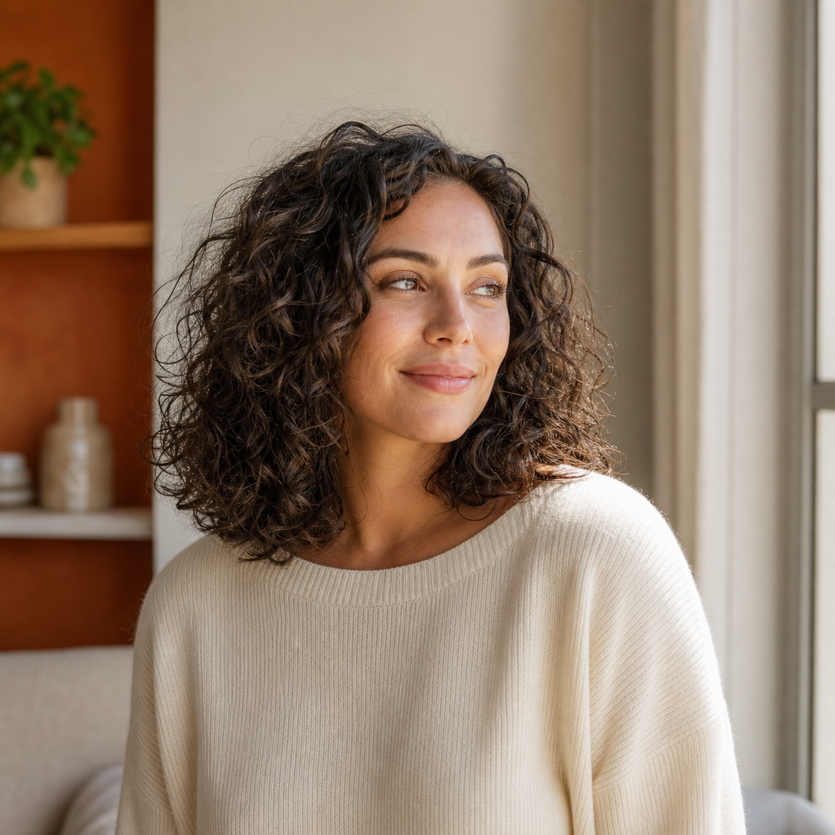 Soft defined lightweight curls in a natural home setting
