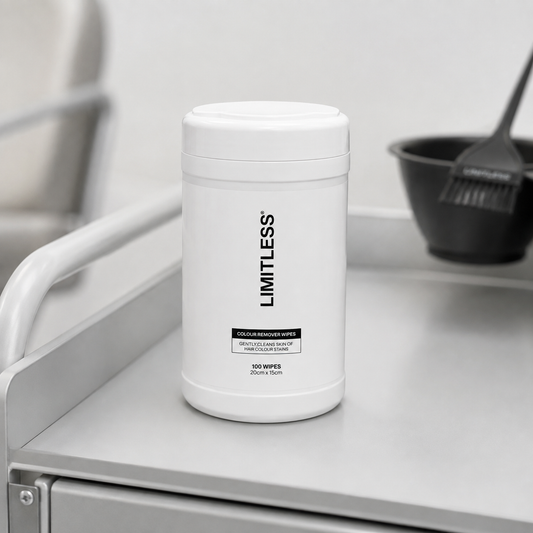Limitless Colour Remover Wipes 100-pack closed container on a salon trolley