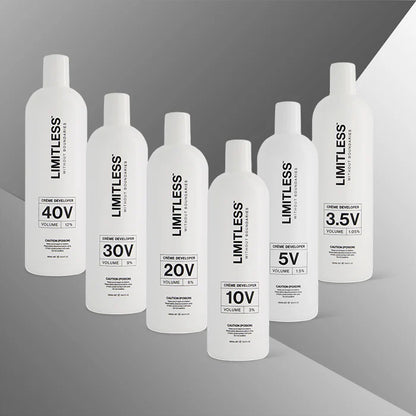 Limitless crème developer range including the 5 Vol 1.5% 990ml bottle