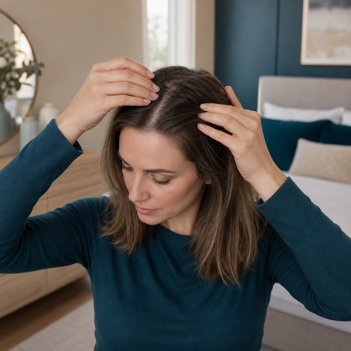 At-home fingertip application of lightweight serum along a scalp part