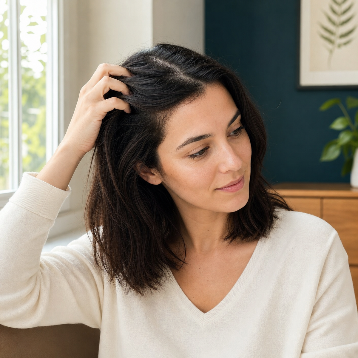 Cared-for healthy-looking hair in an everyday home setting
