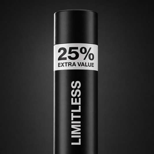Close detail of the Limitless Strong Hairspray can with 25% Extra Value band
